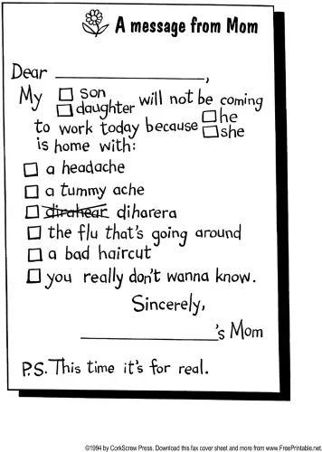 Sick Note fax cover sheet